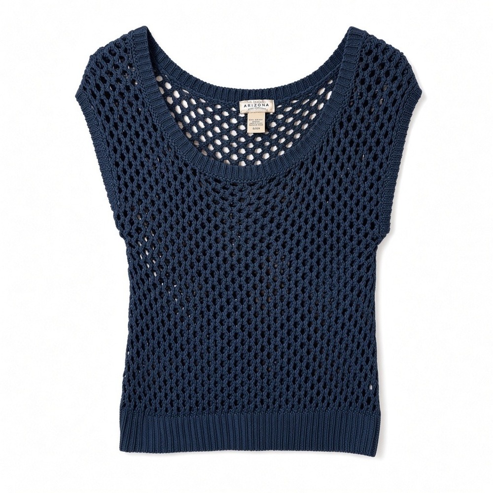 Y2K Arizona Jean Company Navy Blue Open Knit Crochet Mesh Sweater Vest Small